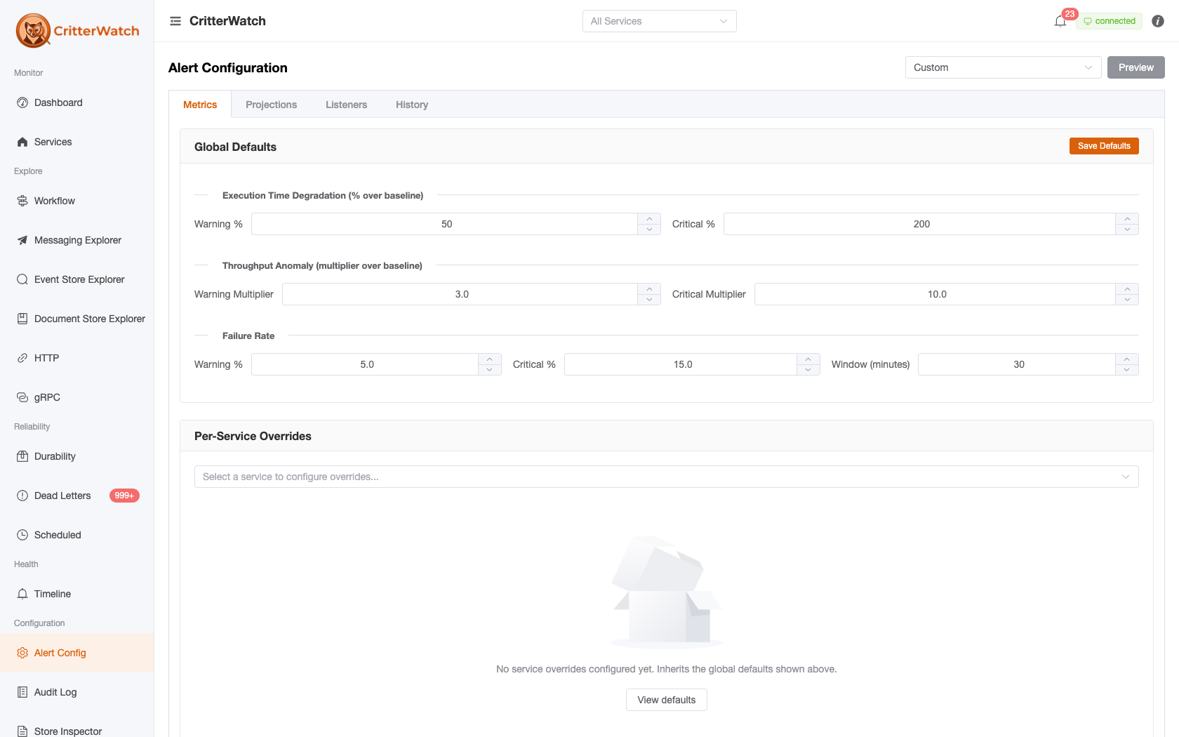 CritterWatch Alert Configuration — global default thresholds for execution-time degradation, throughput anomaly, and failure rate, plus per-service overrides