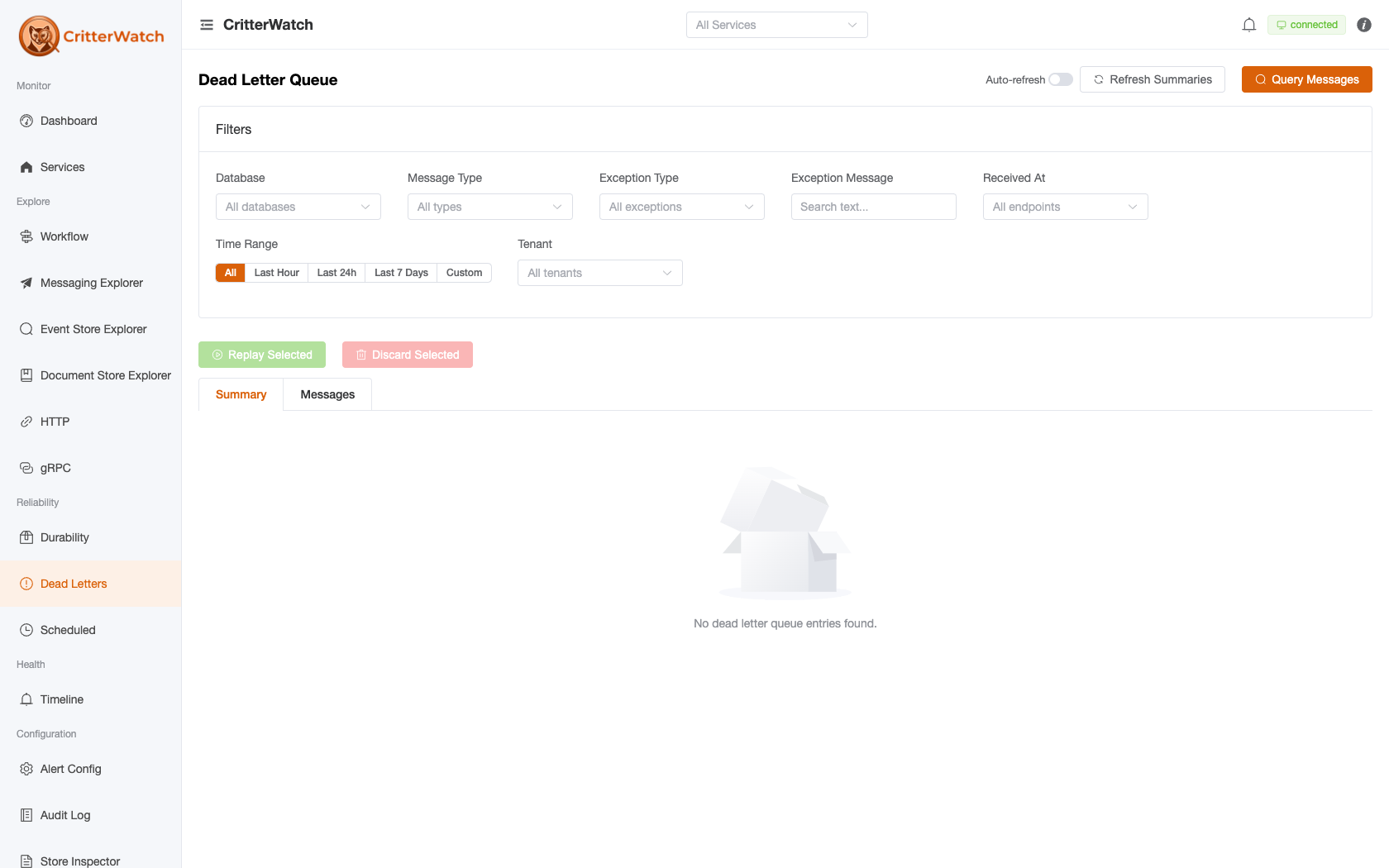 CritterWatch Dead Letter Queue — filterable summary of failed messages across services and databases, with replay and discard actions