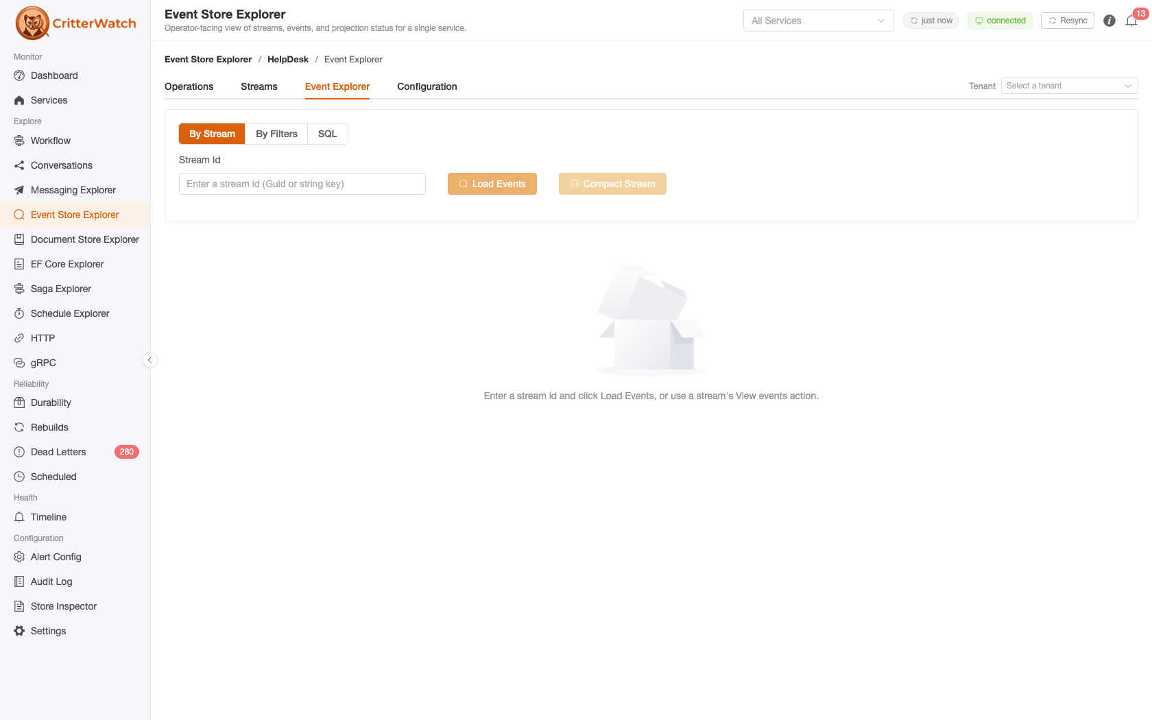 The Event Explorer's By Stream view — a single stream's ordered event history for a monitored service, with the stream's metadata above the events themselves