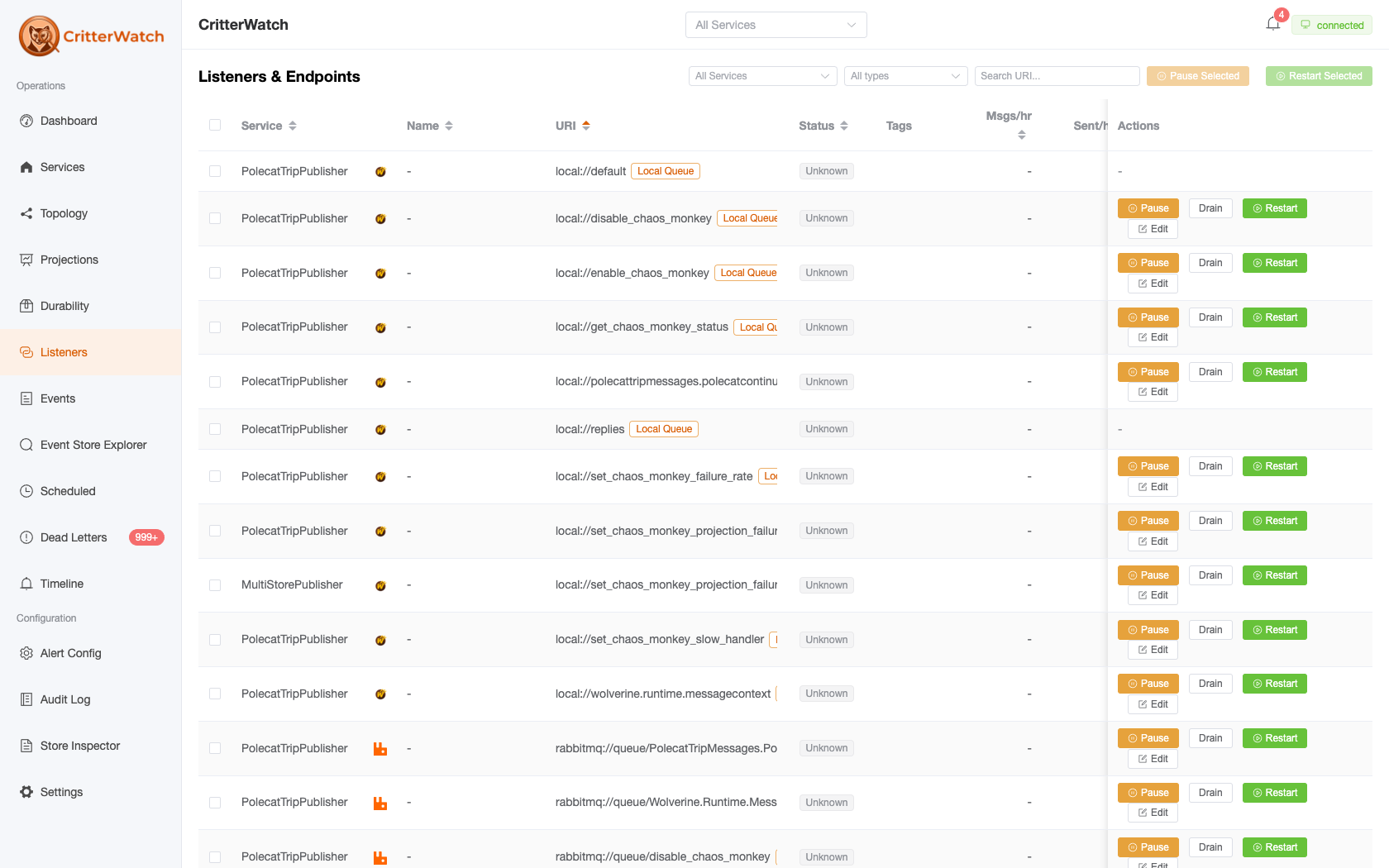 CritterWatch Listeners & Endpoints — every inbound listener and outbound sender across services with status, transport, and pause/restart controls