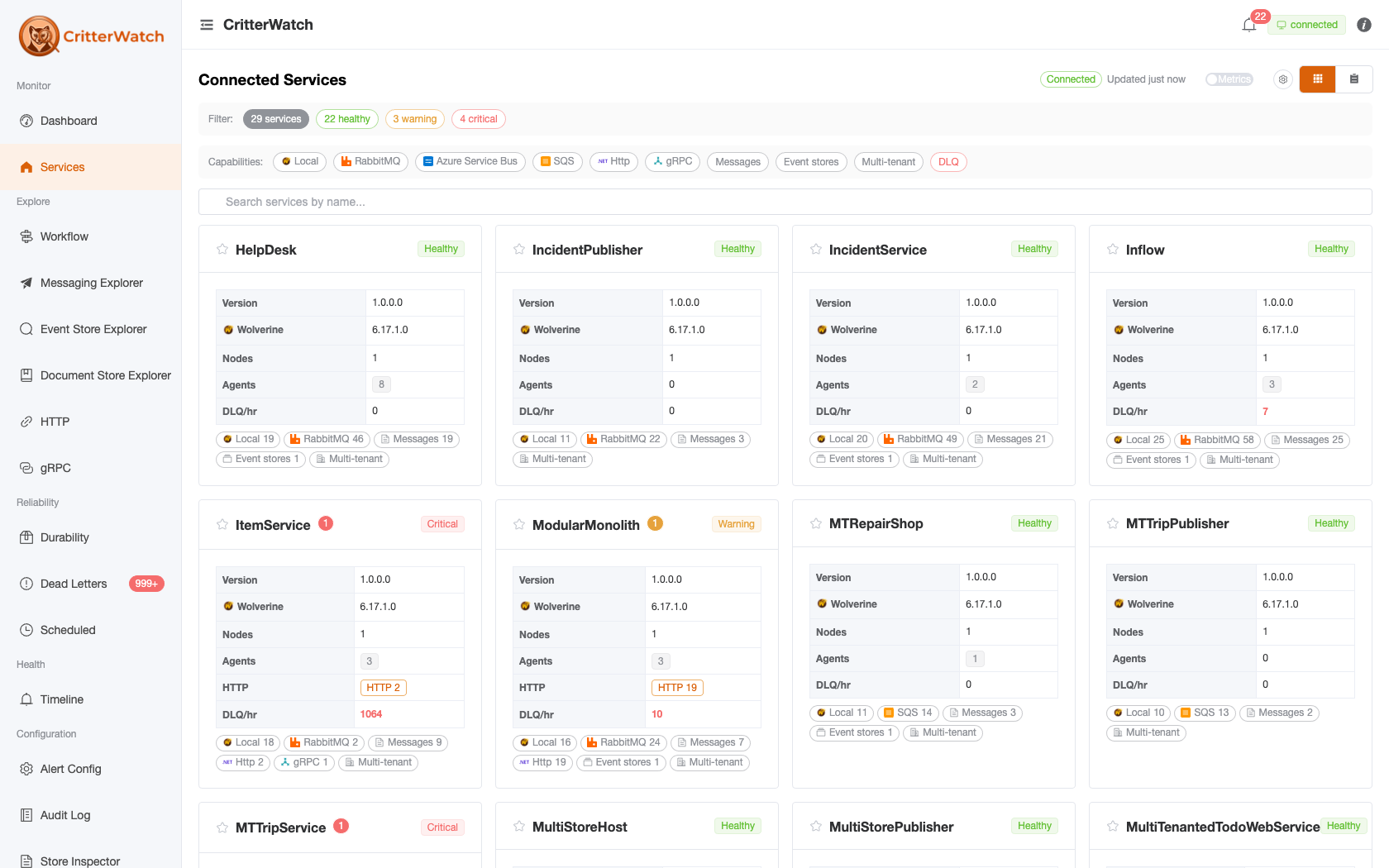 CritterWatch Services view — a card grid of every registered Wolverine service with health, version, node count, throughput, DLQ depth, and capability badges