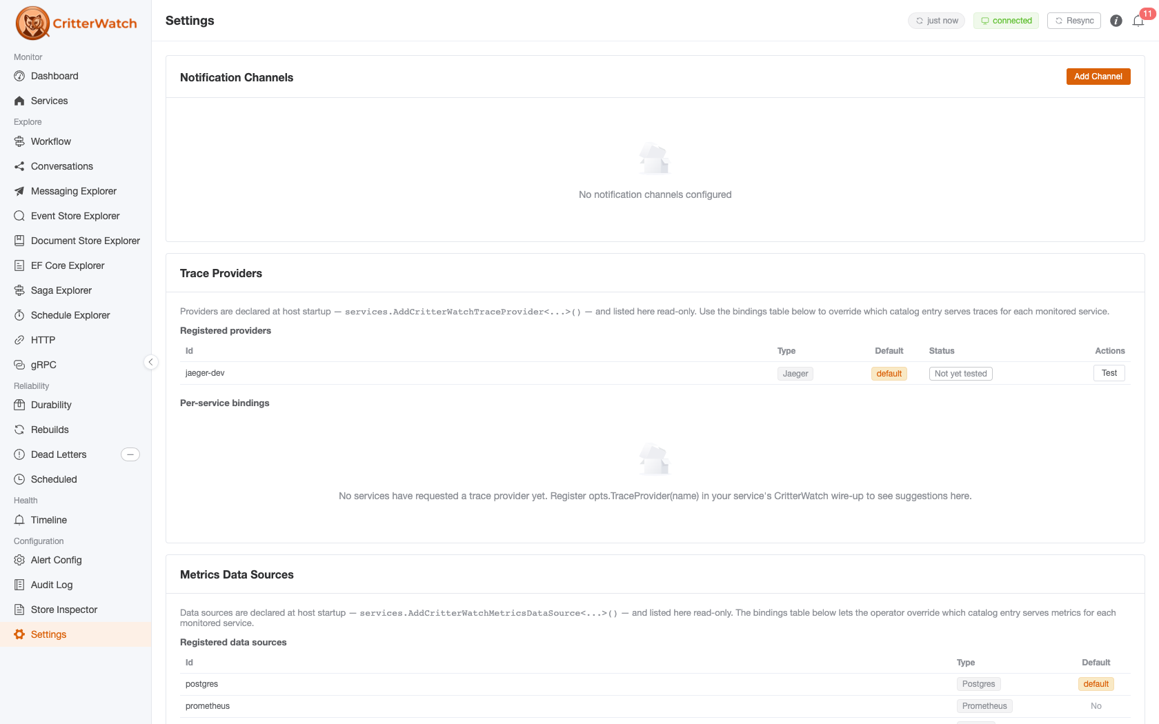 CritterWatch Settings — notification channels, registered trace providers and metrics data sources, and the per-service bindings that override which catalog entry serves each monitored service