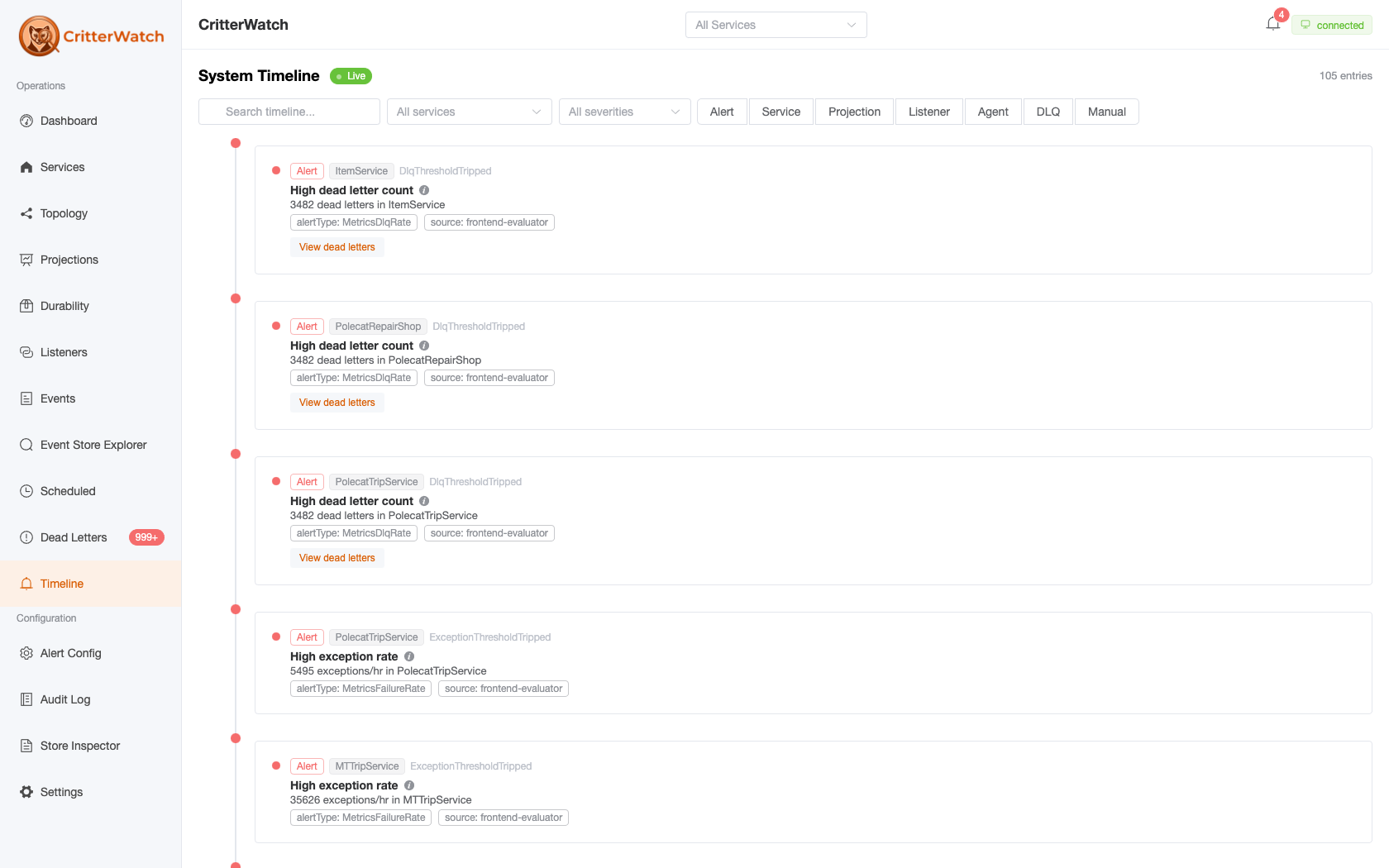 CritterWatch Activity Timeline — a live, filterable feed of alerts, service, projection, listener, agent, and DLQ events in reverse-chronological order